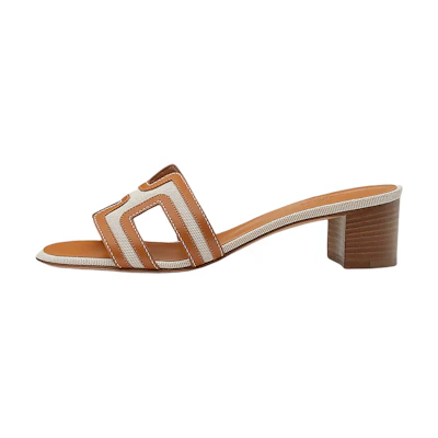 (W) HERMES Calfskin H Canvas High-Heel Sandals 'Brown'