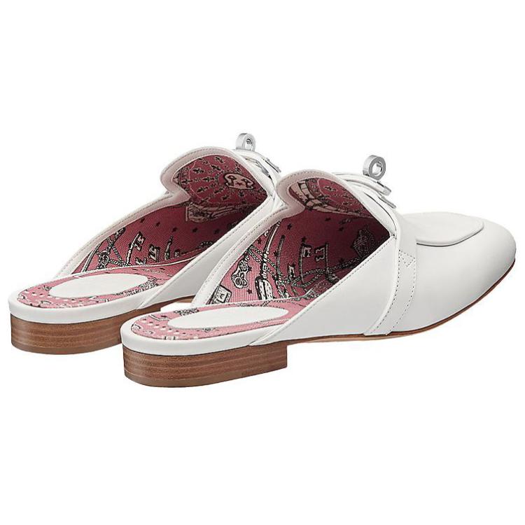 Shop HERMES 愛馬仕 小牛皮印花內襯拖鞋 女款 白色