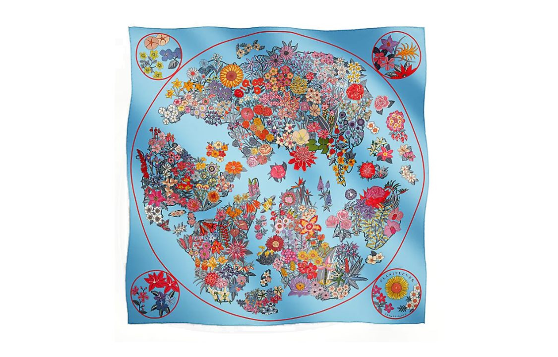 (Women) HERMES Carre Floral Map Silk Scarf for Women - Blue H003965S 12