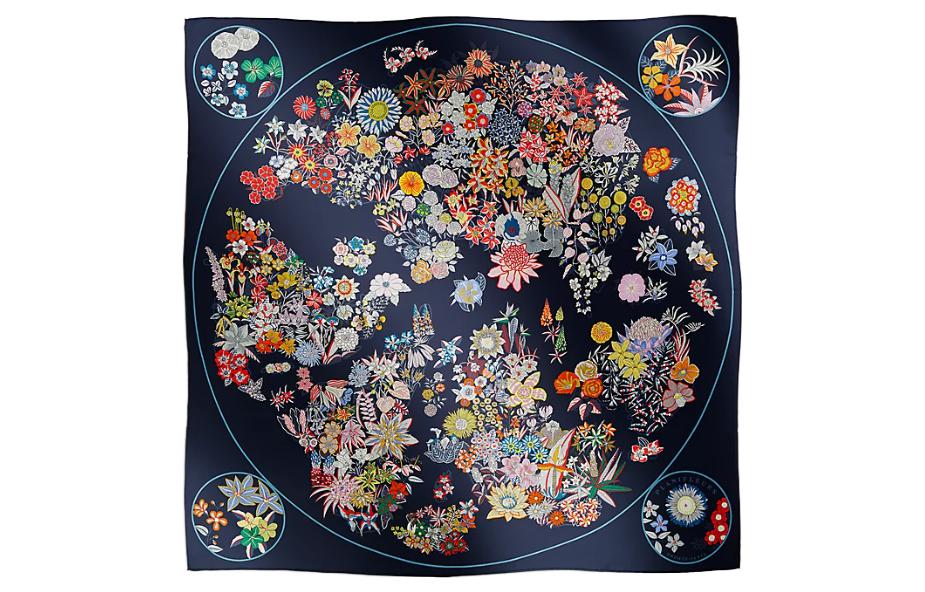 (Women) HERMES Carre Floral Map Silk Scarf Women’s Blue. H003965S 18