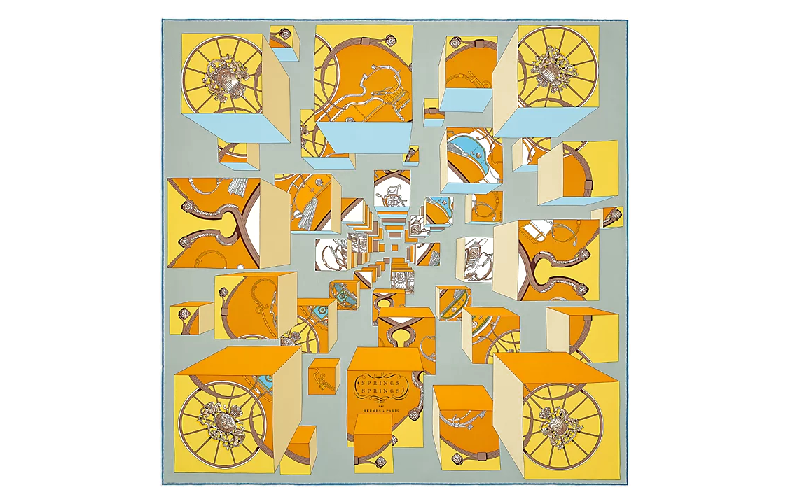 Buy (Women) HERMES Carre Jumping Spring Print Silk Scarf Grey/Orange/Bright Yellow . H003932S