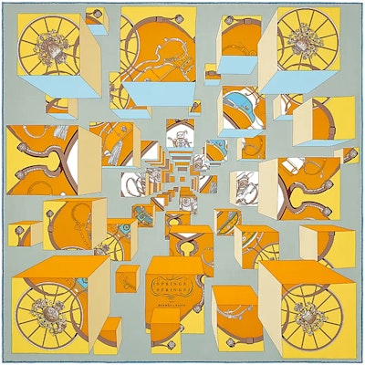 (Women) HERMES Carre Jumping Spring Print Silk Scarf Grey/Orange/Bright Yellow . H003932S Buy (Women) HERMES Carre Jumping Spring Print Silk Scarf Grey/Orange/Bright Yellow . H003932S