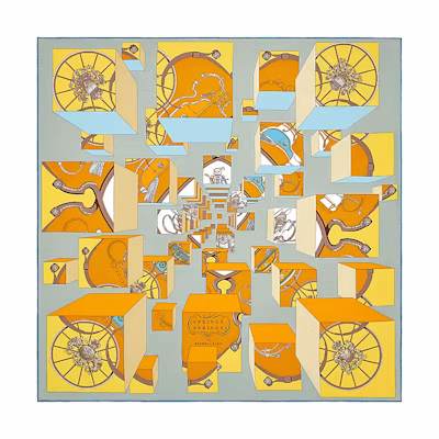 (Women) HERMES Carre Jumping Spring Print Silk Scarf Grey/Orange/Bright Yellow . H003932S