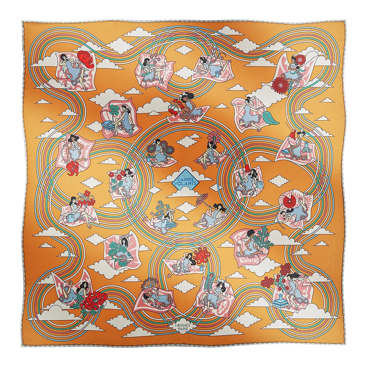 (Women) HERMES Carres Volants Printed Silk Scarf  Yellow H893849Sv10