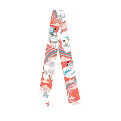 (Women) HERMES Carres Volants Twilly Silk Scarf Pomegranate Red. H063849S-09