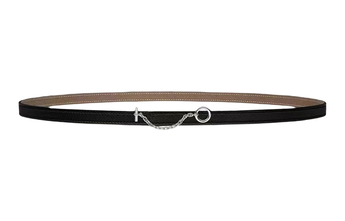 (Women) HERMES Carrousel Silver Buckle Calfskin Leather Belt Women Black/Elephant Grey 1.3cm H081081CK05-H065538CABD