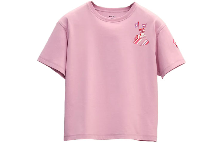 (Women) HERMES Cartoon Print Pink Oversized Crewneck T-Shirt Women SS22 H2E4602DUL6