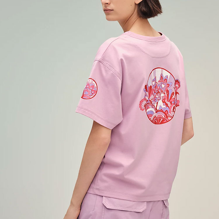 Purchase (W) 에르메스 만화 프린트 핑크 오버사이즈 크루넥 티셔츠 여성 SS22 H2E4602DUL6