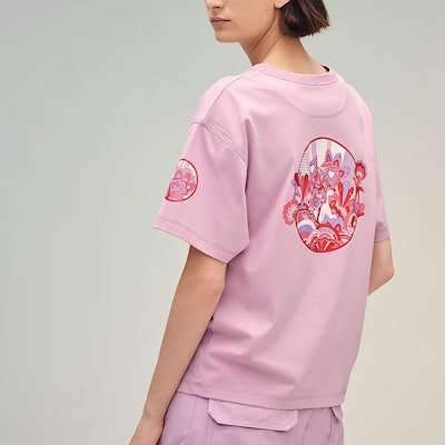 (W) 에르메스 만화 프린트 핑크 오버사이즈 크루넥 티셔츠 여성 SS22 H2E4602DUL6 Purchase (W) 에르메스 만화 프린트 핑크 오버사이즈 크루넥 티셔츠 여성 SS22 H2E4602DUL6