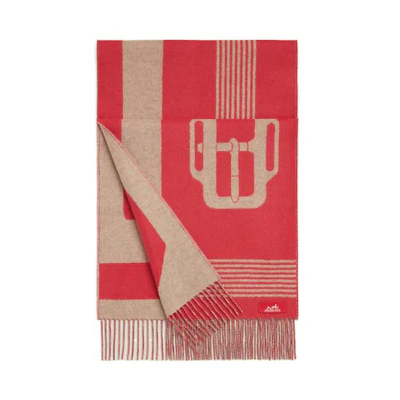(Women) HERMES Casaque Red Saddle Jacquard Knit Scarf. H259118S-04