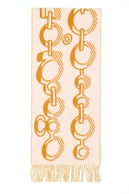 (Women) HERMES Casaque Do Re Boucles Cashmere Scarf White/Ochre Yellow. H259092S06 Order (Women) HERMES Casaque Do Re Boucles Cashmere Scarf White/Ochre Yellow. H259092S06