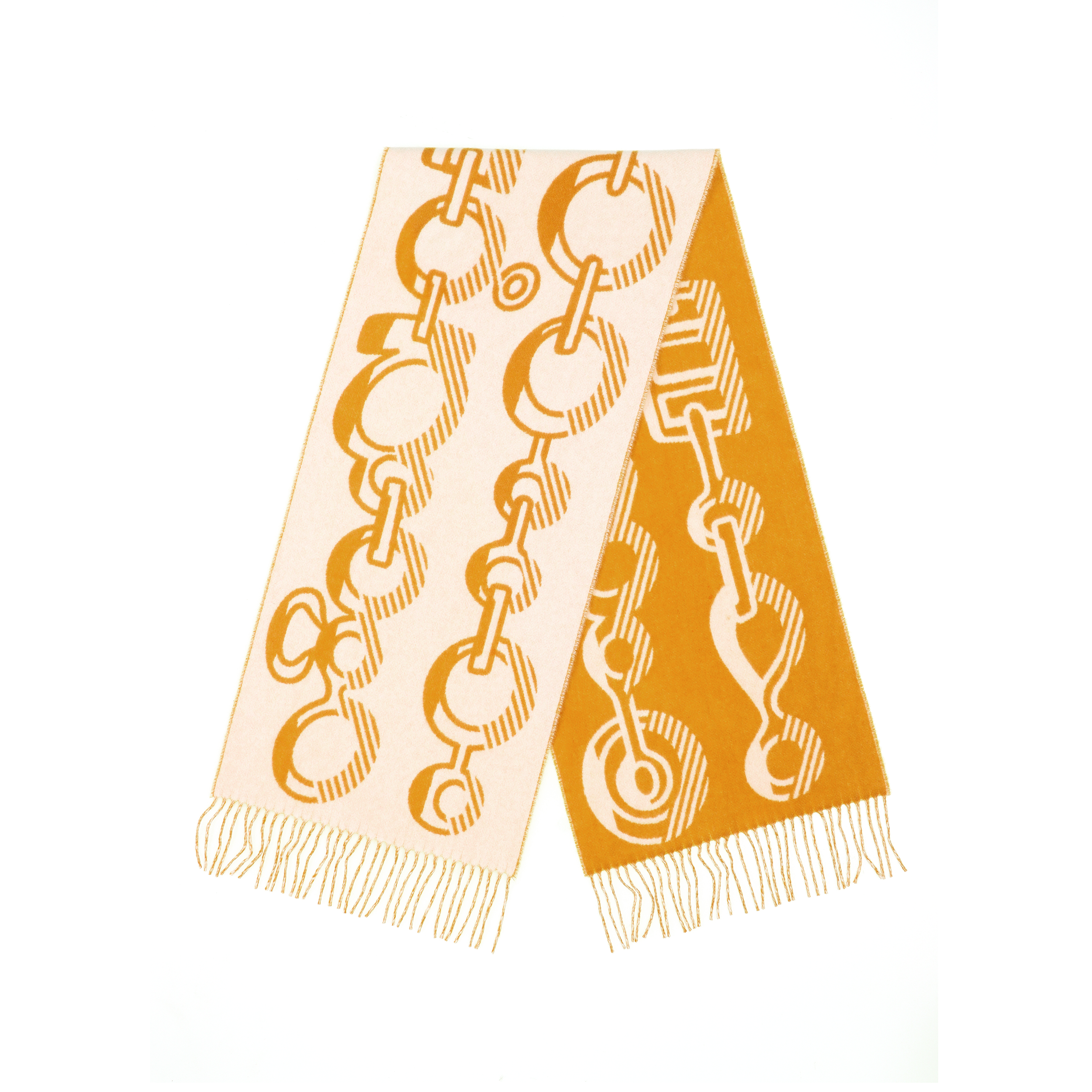 Lookbook (Women) HERMES Casaque Do Re Boucles  Cashmere Scarf White/Ochre Yellow. H259092S06