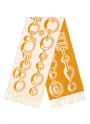 (Women) HERMES Casaque Do Re Boucles Cashmere Scarf White/Ochre Yellow. H259092S06 Lookbook (Women) HERMES Casaque Do Re Boucles Cashmere Scarf White/Ochre Yellow. H259092S06