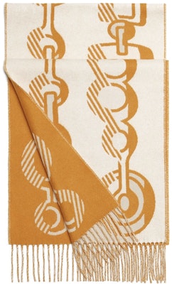 (Women) HERMES Casaque Do Re Boucles Cashmere Scarf White/Ochre Yellow. H259092S06 Purchase (Women) HERMES Casaque Do Re Boucles Cashmere Scarf White/Ochre Yellow. H259092S06