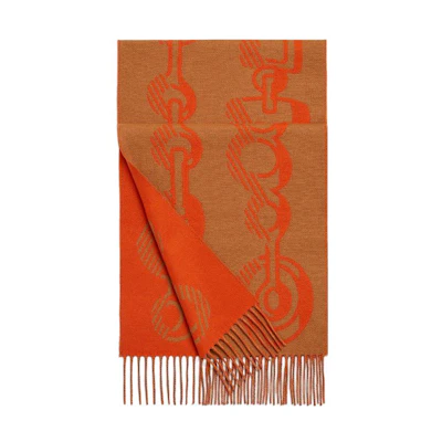 (Women) HERMES Casaque Do Re Boucles Bicolor Woven Cashmere Scarf Orange for Women H259092S-03