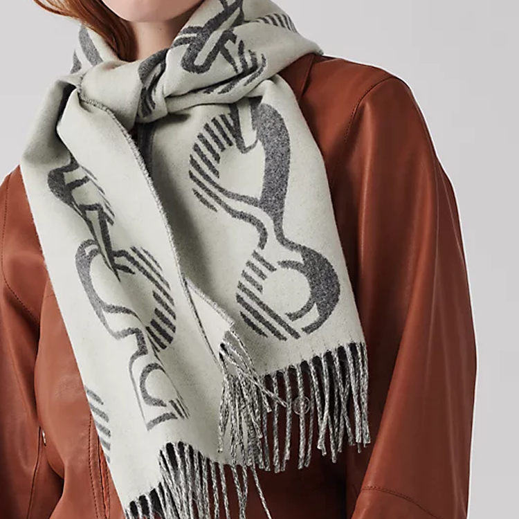 (Women) HERMES Casaque Do Re Boucles Grey Cashmere Fashion Scarf for Women. H259092S-02 圖 3