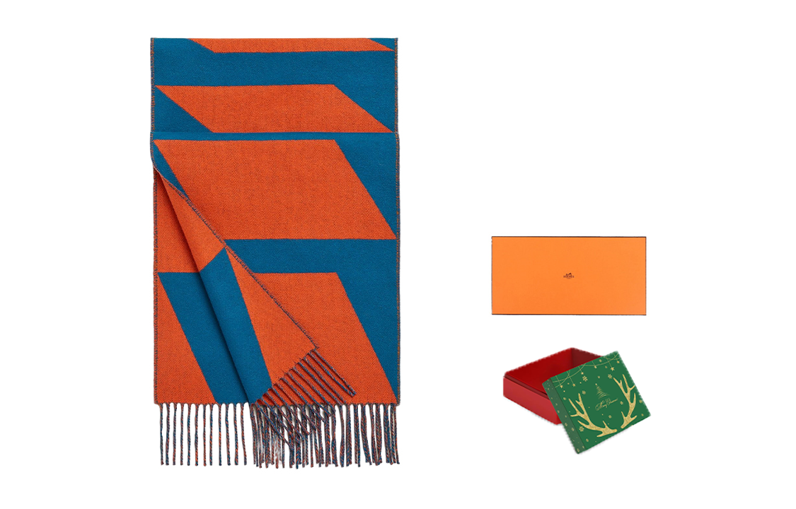 (Women) HERMES Casaque Two-Tone Wool Cashmere Scarf Blue/Sienna Red for Women. H259091S-04 圖 4