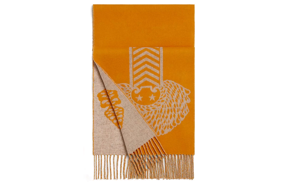 (Women) HERMES Casaque Yellow Jacquard Fringed Wool Scarf for Women. H253983S04