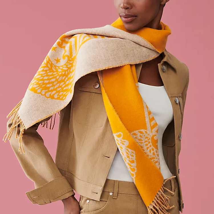 (Women) HERMES Casaque Yellow Jacquard Fringed Wool Scarf for Women. H253983S04 圖 3