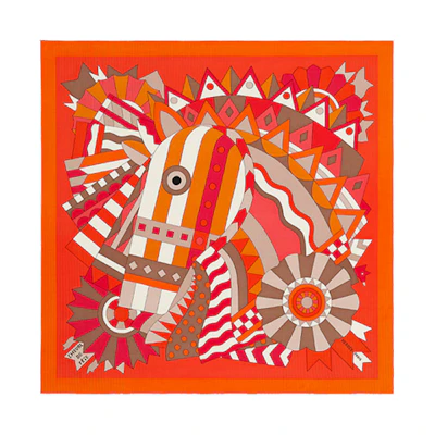 (Women) HERMES Celebration Steed Orange Vermillion Red Scarf 140cm H243748S-37