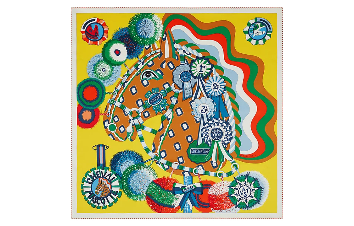 (Women) HERMES Cheval Mascotte Yellow Hand-Rolled Edge Women’s Silk Scarf H983952S-08