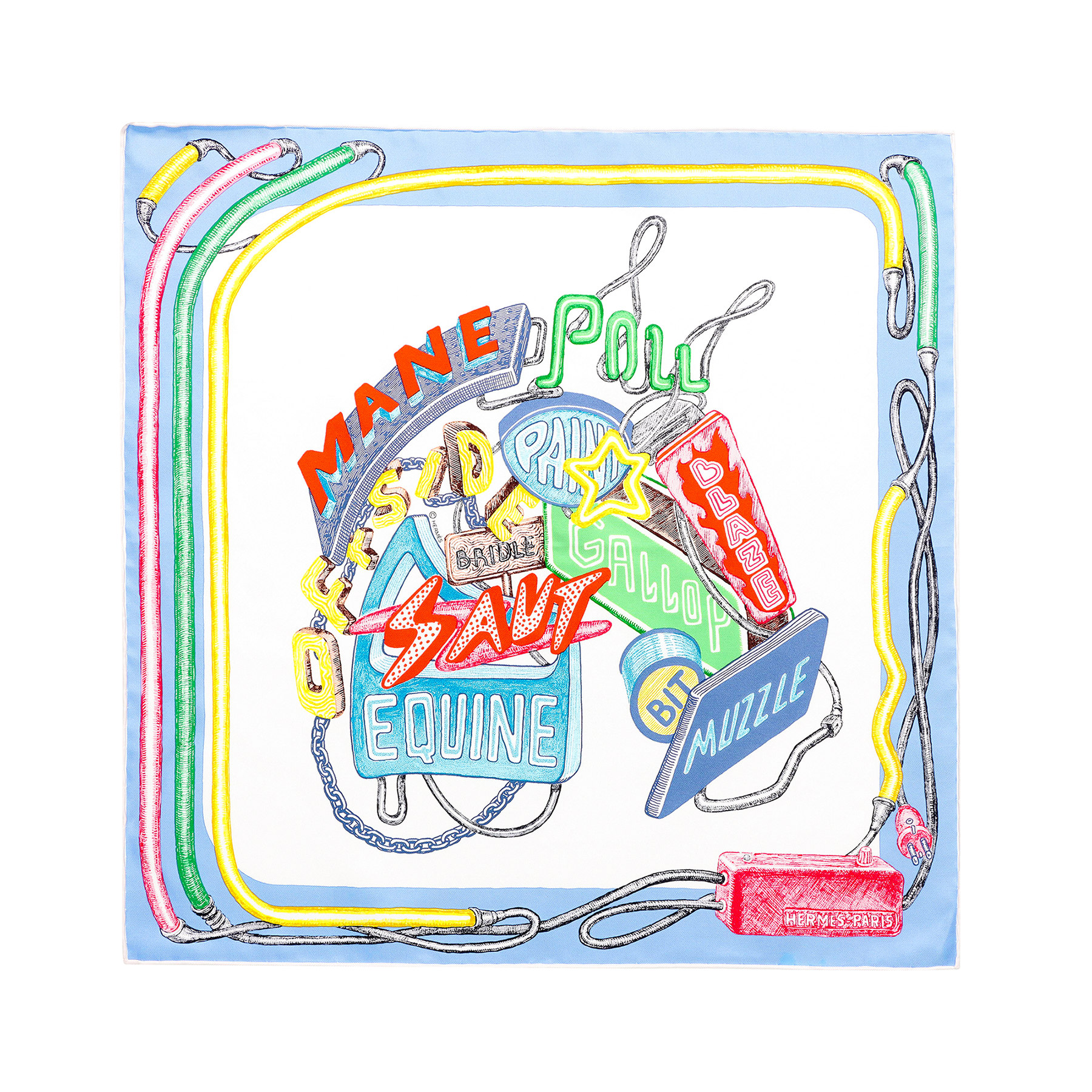 (Women) HERMES Chevaloscope Neon Silk Scarf 100% Handcrafted Silk for Women Multicolor. H893954S-06