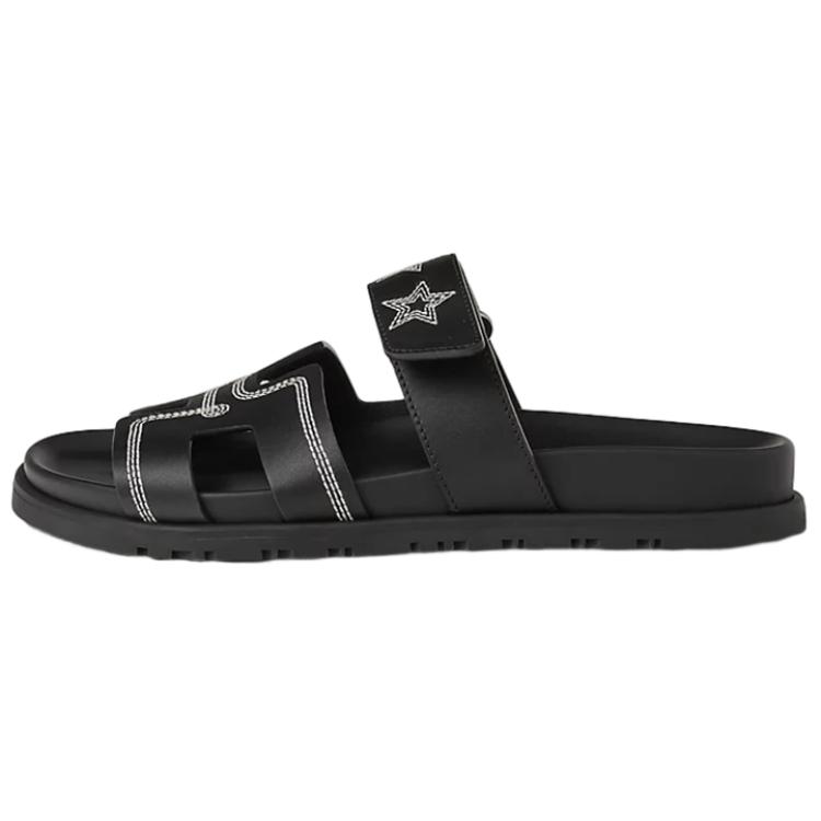 (W) HERMES Chypre 'Black Leather Round Toe Slide'