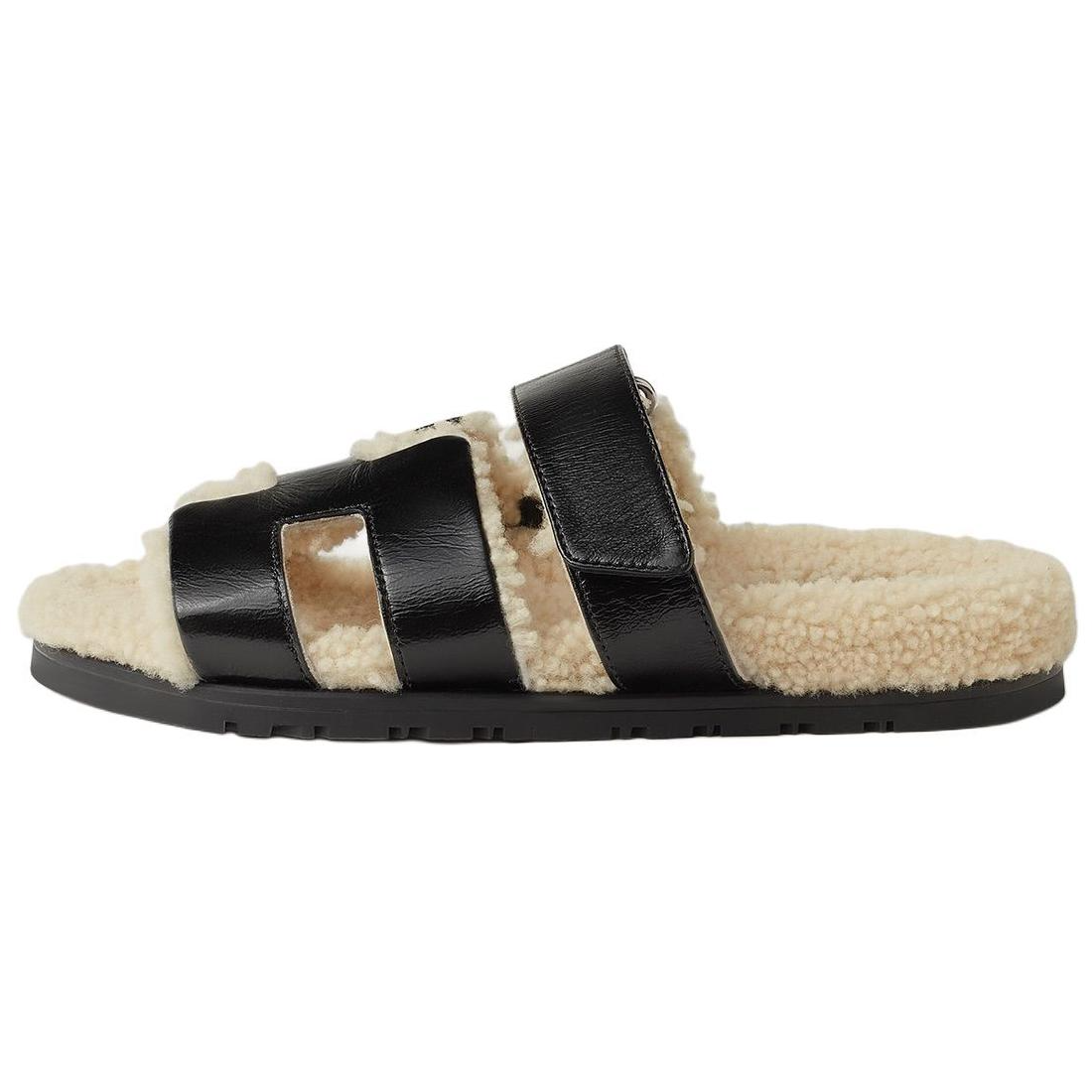 (Women) HERMES Chypre Black Leather Flat Sandals 1.2cm Slide Slippers H251018Z 02