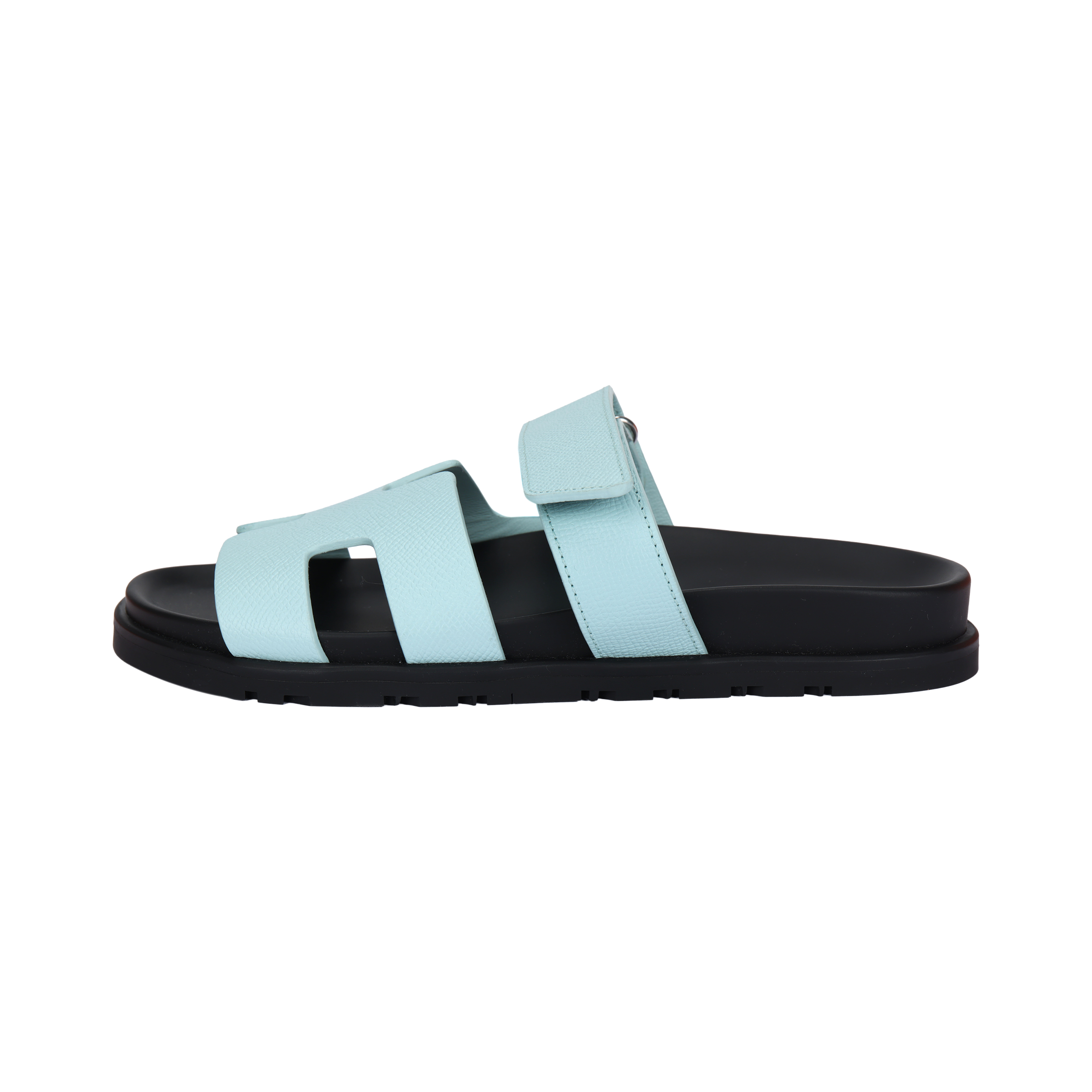 (Women) HERMES Chypre Blue Calfskin Open-Toe Slide Sandals 1.2cm . H231295Z DF