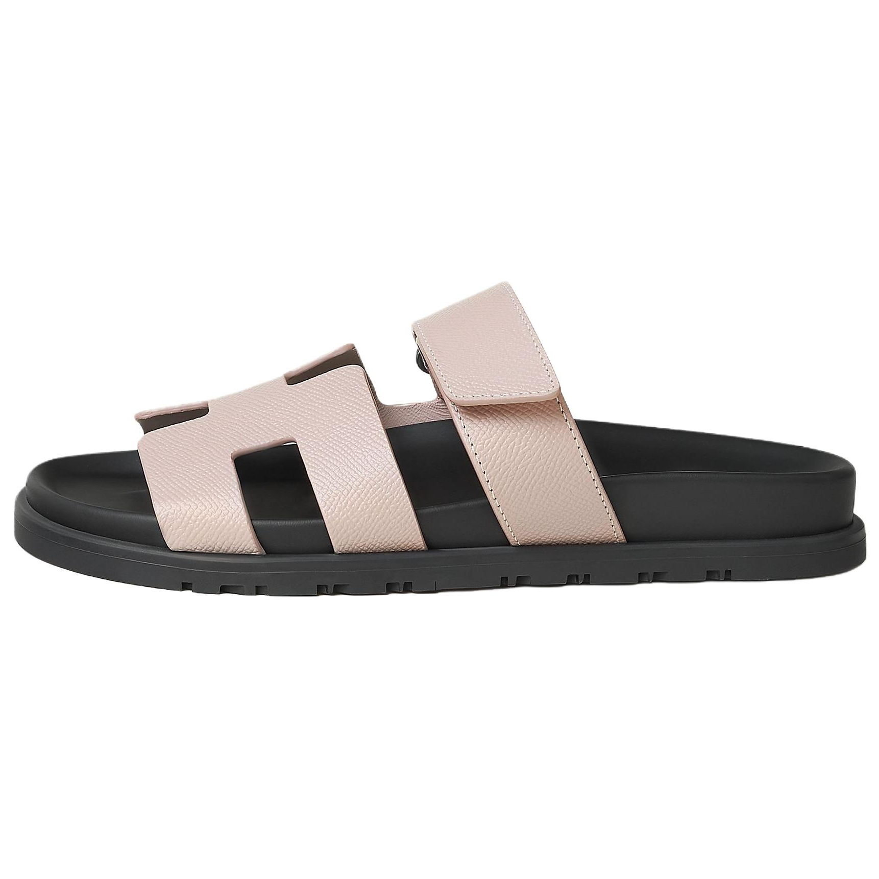 (Women) HERMES Chypre Ceramic Pink Calfskin Slide Sandals 1.2cm H231295Z 27