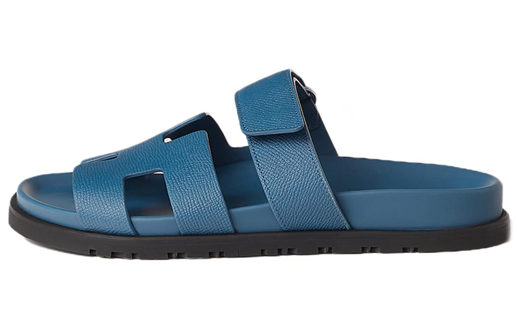 Buy HERMES愛馬仕 Chypre 小牛皮 魔術貼平底 時尚涼鞋 女款 藍色