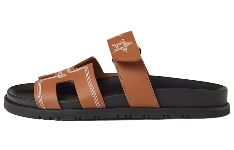 Buy HERMES愛馬仕 Chypre 皮革 露趾套腳 一字拖鞋 女款 棕色