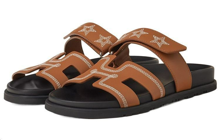 Lookbook HERMES愛馬仕 Chypre 皮革 露趾套腳 一字拖鞋 女款 棕色