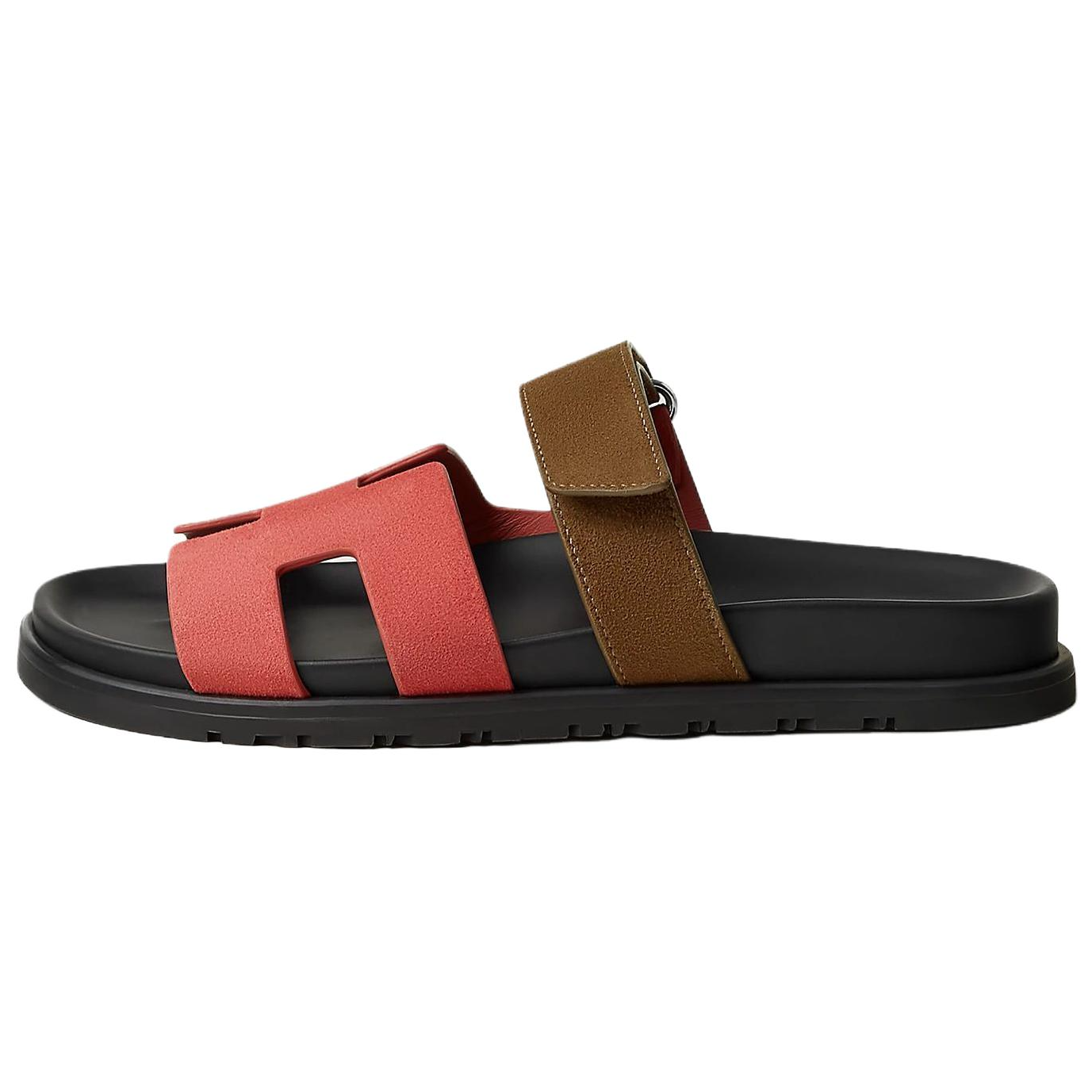 (Women) HERMES Chypre Suede Leather Slip-On Sandals Brown Red 1.2cm Flats H222297Z D3