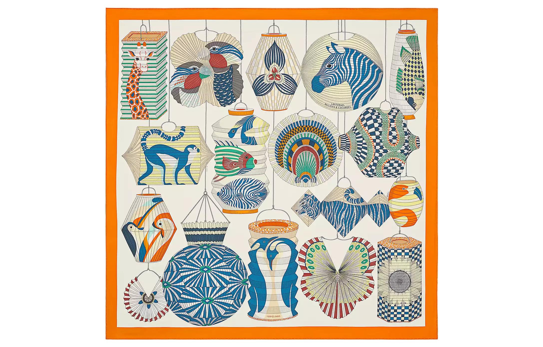 (Women) HERMES Classic Beige Silk Scarf with Balloon and Lantern Pattern for Women H003918S-04 圖 2