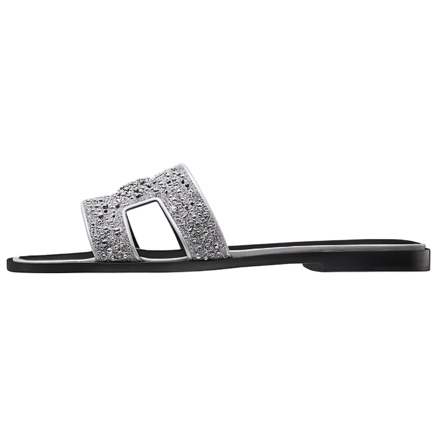 (Women) HERMES Classic Crystal Goatskin Slipper 'Silver Grey' 'H' H201162Z-52