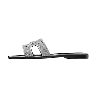 (W) HERMES Classic Crystal Goatskin Slipper 'Silver Grey' 'H'