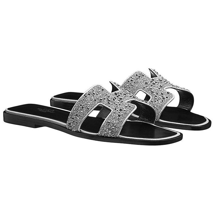 (W) HERMES Classic Crystal Goatskin Slipper 'Silver Grey' 'H' 圖 3
