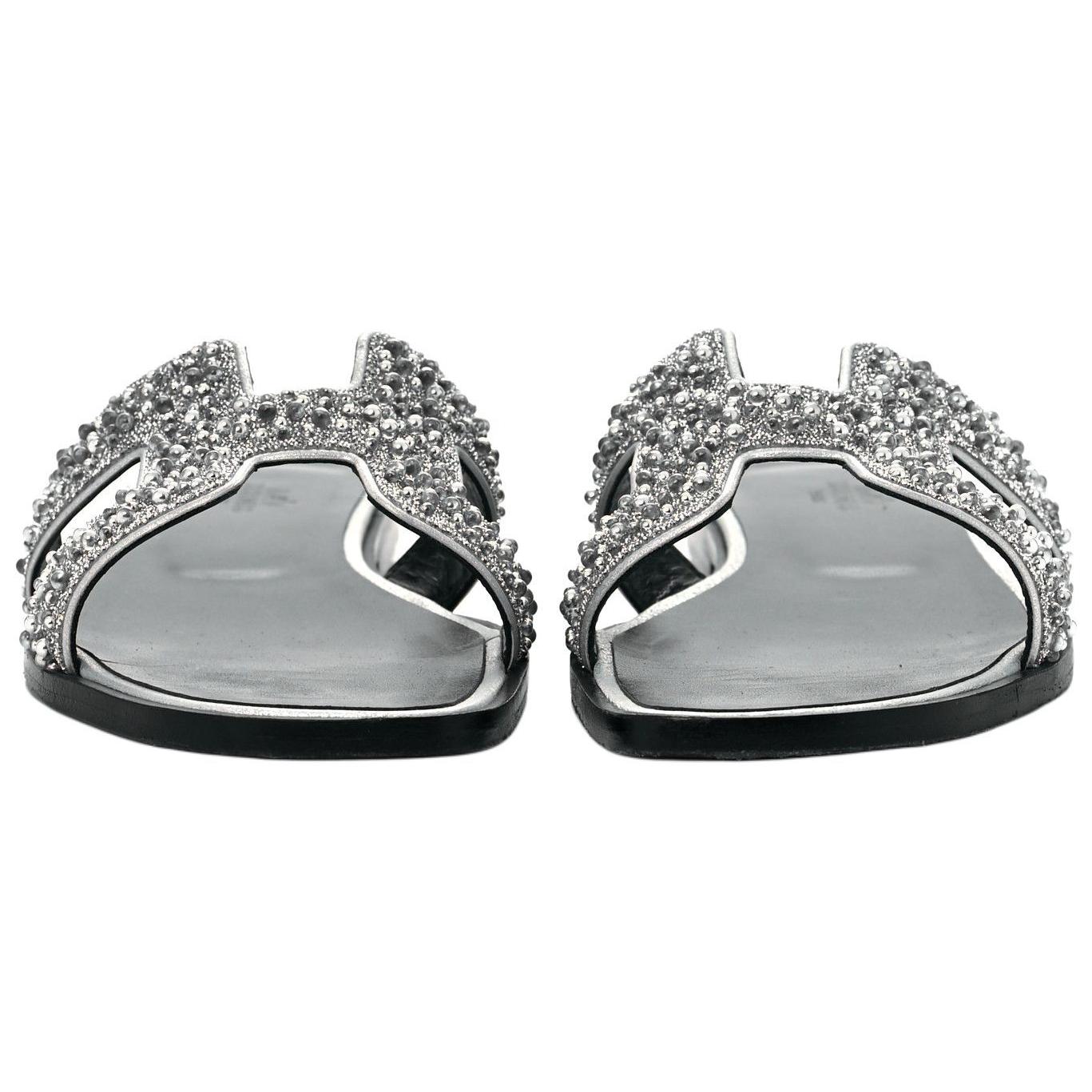 (W) HERMES Classic Crystal Goatskin Slipper 'Silver Grey' 'H' 圖 4