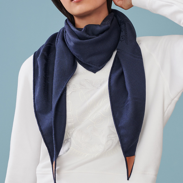 (Women) HERMES Classic Jacquard Diamond Wool Scarf Navy Blue H612494S 03 圖 3