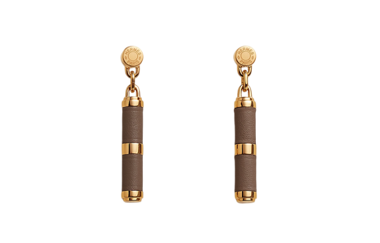 (Women) HERMES Classic Saddle Stud Earrings Brown Leather with Gold Plating for Women. H010766CC18