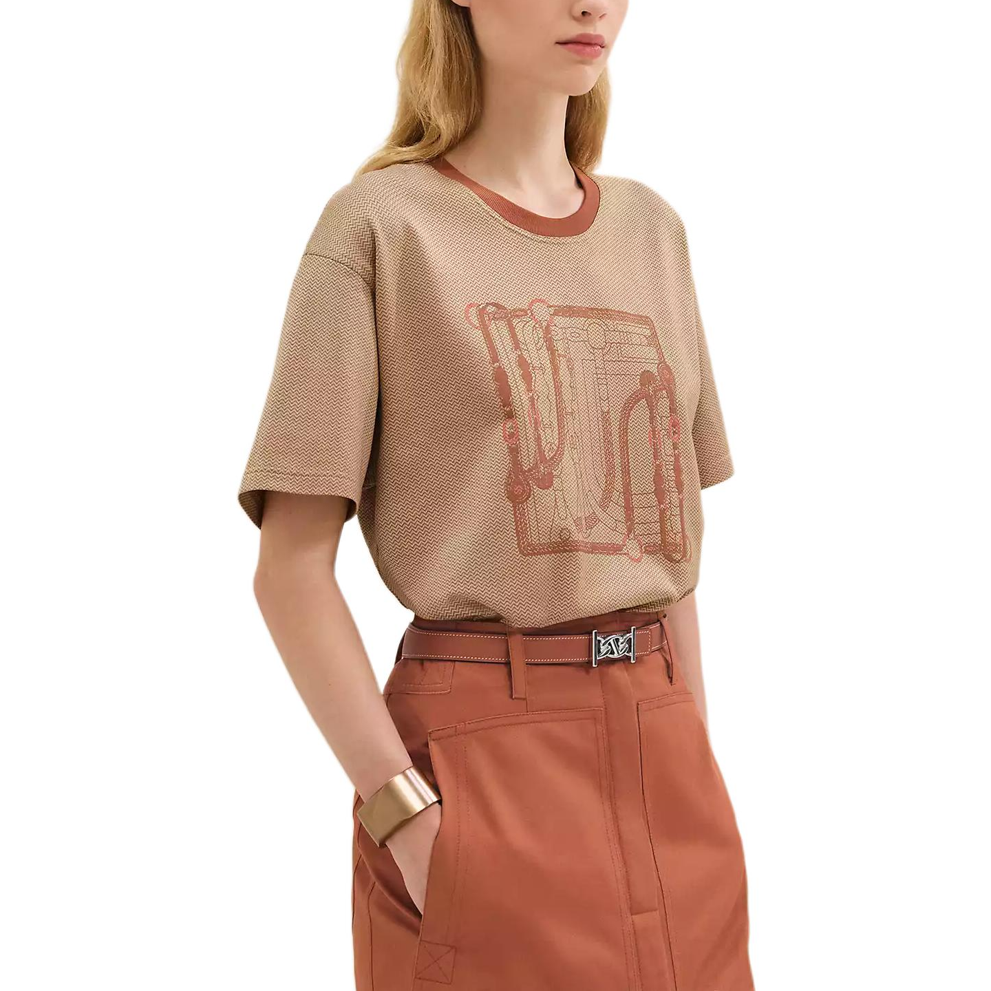 (Women) HERMES Coaching Print Brown Oversized Short Sleeve Crew Neck T-Shirt for Women. H5E4636DJVD