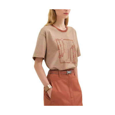 (Women) HERMES Coaching Print Brown Oversized Short Sleeve Crew Neck T-Shirt for Women. H5E4636DJVD