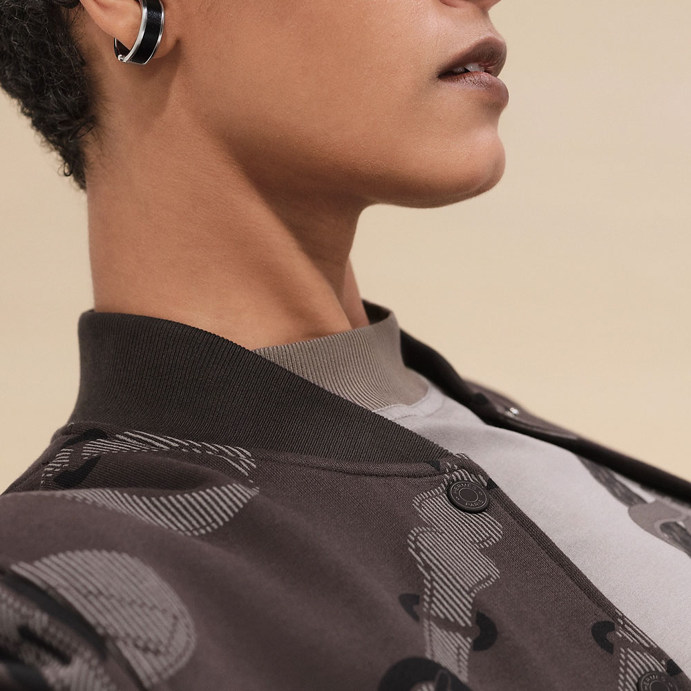 Shop (Women) HERMES Coaching Remix Ribbed Printed Zip-Up Long Sleeve Jacket Women in Dark Brown. H5E4223DBDQ