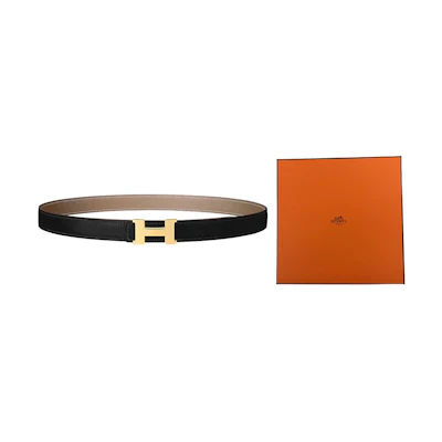 (Women) HERMES Constance Glossy Leather Belt Black/Elephant Grey 2.4cm for Women. H064545CC06-H052150CABU080