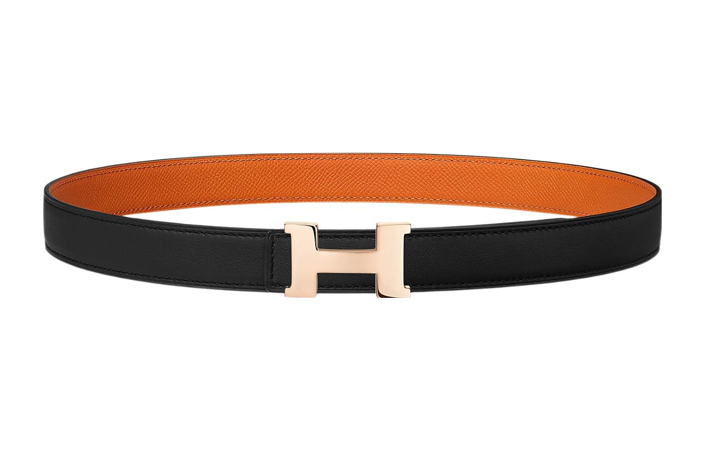 (Women) HERMES Constance Reversible  Leather Belt Black/Orange 2.4cm H064545CDZ2-H052150CABW075