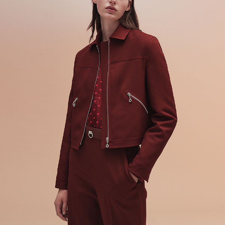 Lookbook (Women) HERMES Cupid Red Plain Zipper Jacket with Turn-Down Collar. H1H0212DG9Q