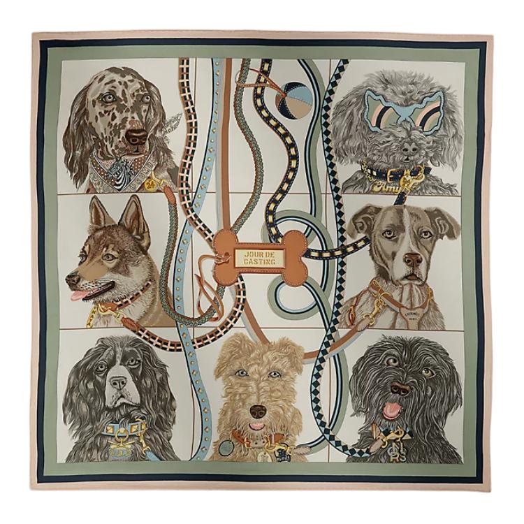 (Women) HERMES Dog Chain Pattern Silk Scarf Clay Green for Women. H984213Sv02