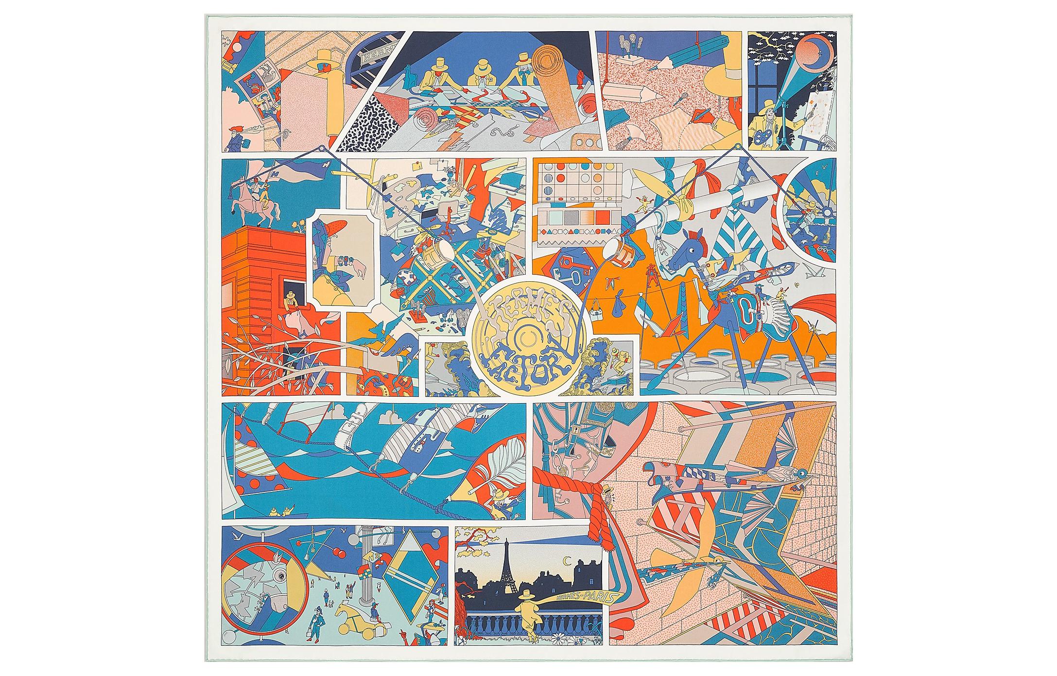 (Women) HERMES Double-Sided Silk Scarf  "Hermes Workshop" Multicolor. H903910S 04
