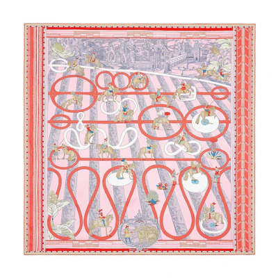 (Women) HERMES Double-Sided Silk Scarf Women Rose Pink/Blue/Beige "Turn & Serpentine Motion". H903688S-02